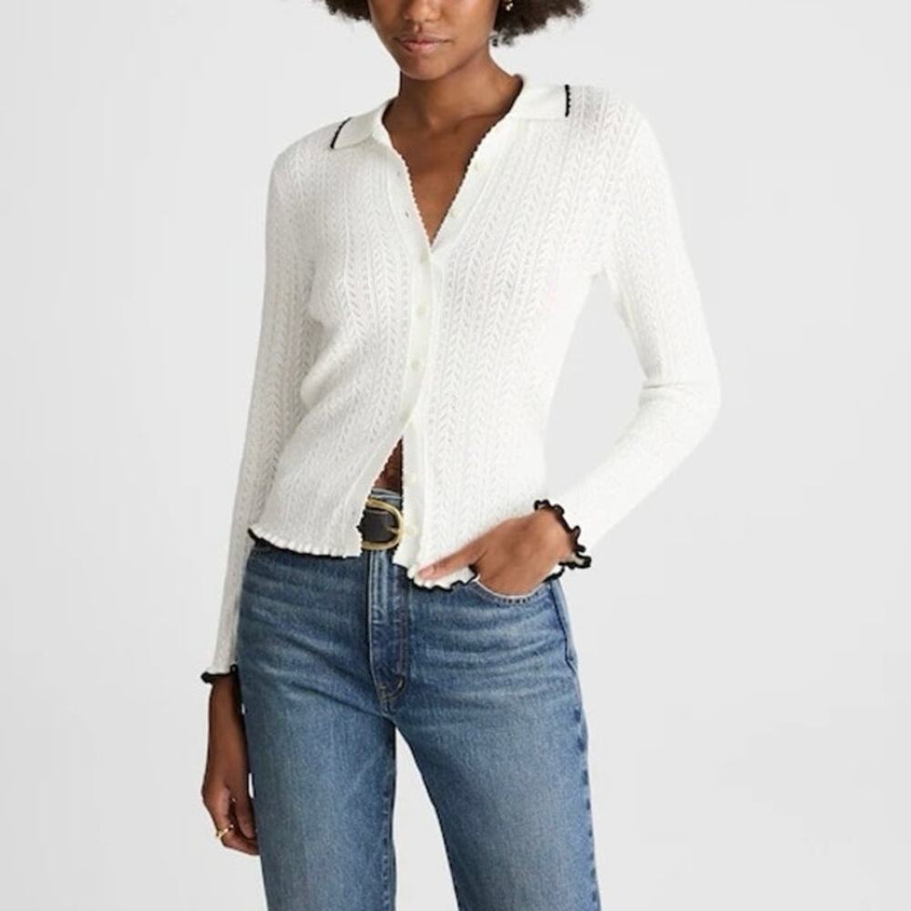 NWOT Madewell Ruffle-Trim Pointelle Cardigan Sweater Soft White Black Size XS